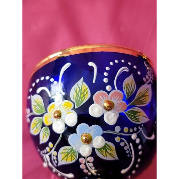 8 Piece Blue Red Gold Enamel Floral Embellished Brandy Snifters Cordial Glasses - Picture 8 of 12